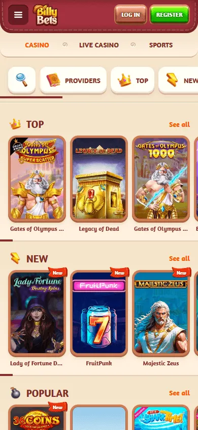 Billybets Casino games experience on a mobile device