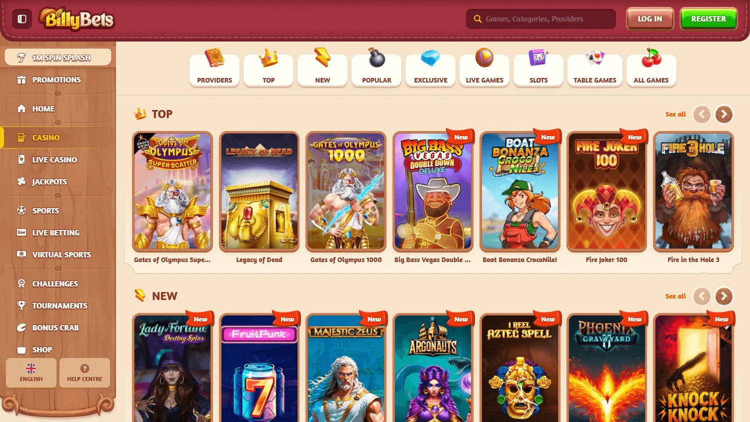 Billybets Casino games experience on desktop