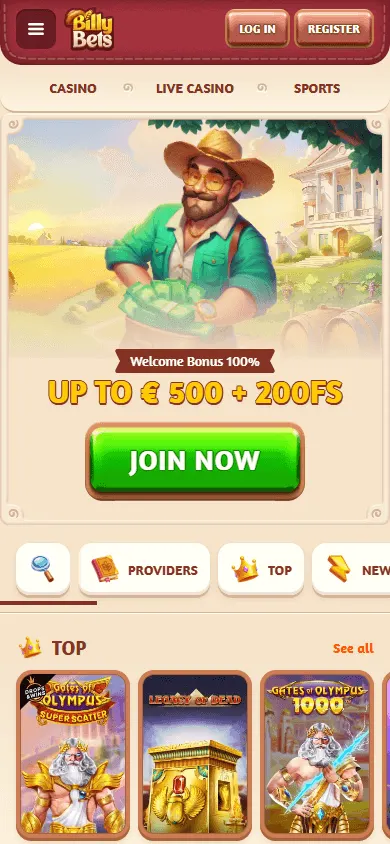 Billybets Casino home experience on a mobile device