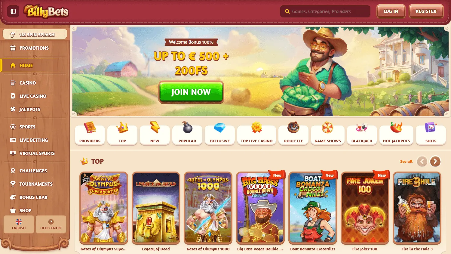 Billybets Casino home experience on desktop