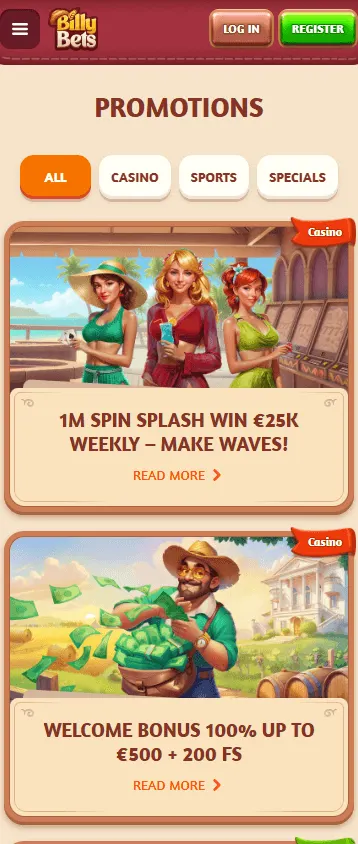 Billybets Casino promotions experience on a mobile device